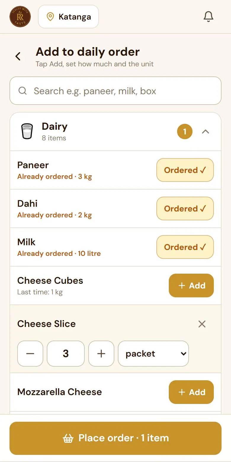RollRicks Operations app: the daily order screen, with items grouped by type and a Place order button